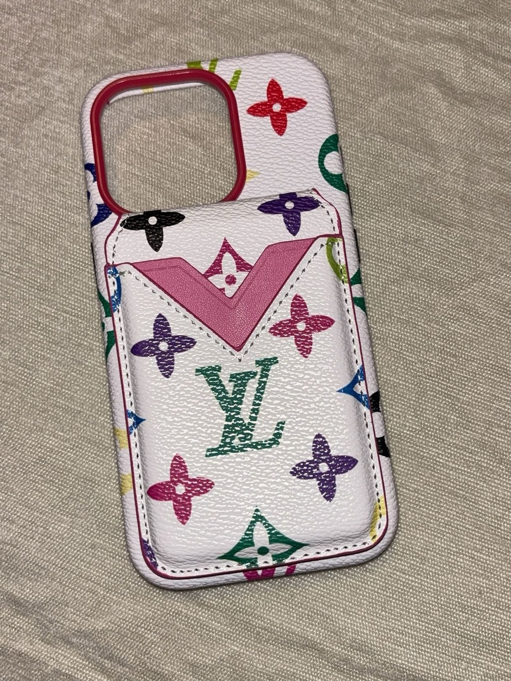 Louis Vuitton White Multicolor Monogram Leather Phone Case with Pink Card Slot